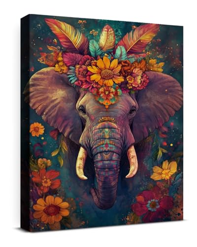 Boho Floral Elephant Canvas Wall Art Mandala Flower...