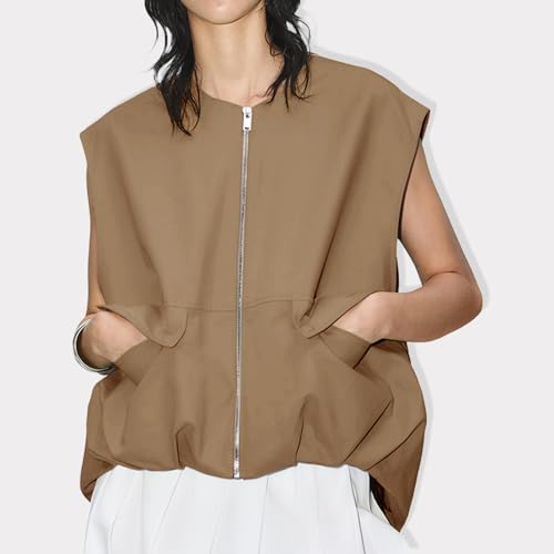 Acrawnni Cargoweste für Damen, übergroße Größe, lässig, ärmellos, lockere Passform, durchgehender Reißverschluss, gerüschter Saum, Blazerjacke, Weste mit Taschen, A-camel, M