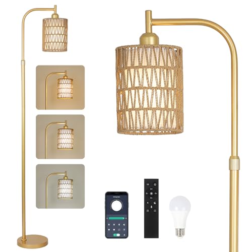 Image of LAMSU Modern Gold Floor Lamps for Living Room, Boho Rattan Floor Lamp with Remote & Dimmable LED Bulb, Farmhouse Standing Lamp with Rattan Shades, Minimalist Tall Pole Lamp for Bedroom Office