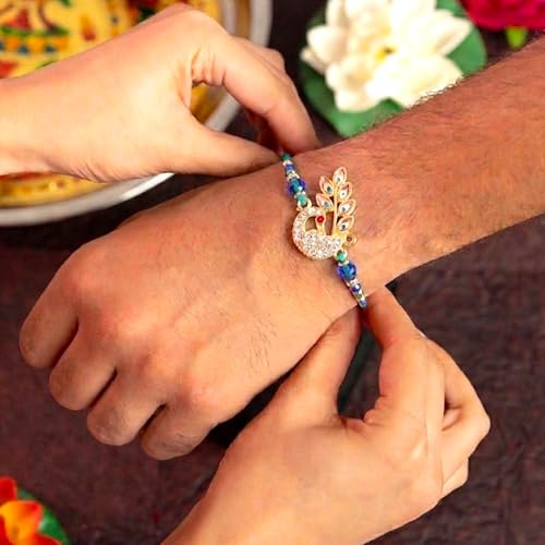 Image of Peora Om Shree Ram Swastik Rakhi for Brother Bhaiya | Crystal & Beads Studded | Red Thread | Raksha Bandhan Hamper with Roli Chawal Greeting Card