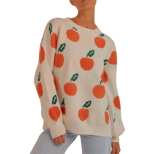 Sudadera de manga larga para mujer, suéter de gran tamaño, casual, holgado, patrón naranja, cuello redondo, manga larga, suéter para un estilo brillante de temporada, blanco, S