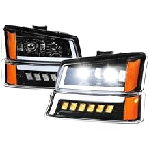 LED Projector DRL Headlights w/Bumper Lights Jet Black Housing/Clear Lens Made for and Compatible with 2003-2007 Chevrolet Silverado Avalanche