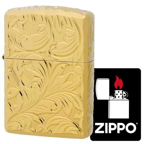 KAJIKAWA(カジカワ) Zippo ジッポ ライター 防風 真鍮製 アーマーzippo チタニュームコーティング 5面彫刻 ゴールドユニット 特製ステッカー付き ゴールド 5NC-LEAF (B)