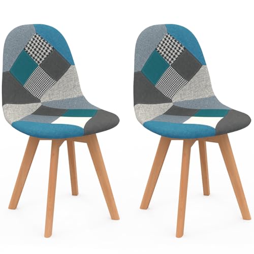 IDMarket - Lot de 2 chaises scandinaves SARA Motifs patchworks Bleus