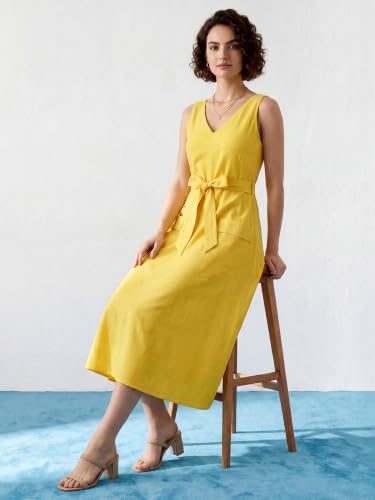 Image of PURVAJA Women's Fit & Flared Midi Length Sleeveless V-Neck Solid Dress