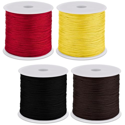 4 Cordons en Caoutchouc 1 mm x 28 m, Cordon à Perles, Fil élastique, Set de 4 Couleurs (Noir, Rouge foncé, Marron foncé, doré) pour Bijoux DIY, Colliers,...
