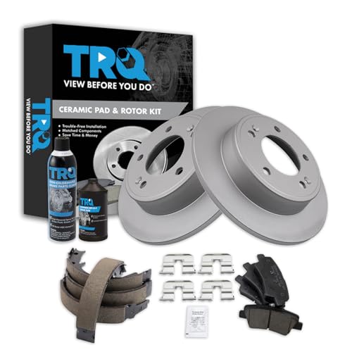 Image of TRQ Rear Brake Pad & Rotor Kit, with Chemical Kit Parking Brake Shoe Set Ceramic Premium G-Coated Compatible with 2012-2013 Hyundai Veloster