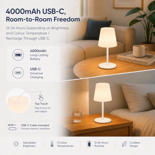 Image of IP65 Waterproof Shower Lamp, Cordless Rechargeable Table Lamp, White