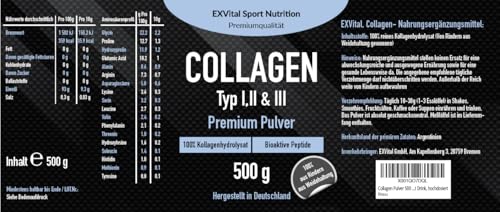 Collagen Pulver 500 Gramm - Bioaktives Kollagen Hydrolysat Peptide, Eiweiss Pulver- Geschmacksneutral, Kollagen Typ 1, 2 & 3 Lift Drink, hochdosiert