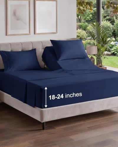 Image of Flex Top Split Head King Sheet Set - 4 Piece Extra Deep Sheets - Navy Blue