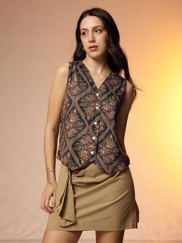 Image of Amazon Brand - INKAST Women Floral Printed Button Down V-Neck Tunic Top|Sleeveless|Ethnic Crop Top