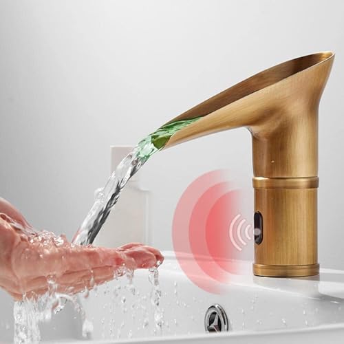 Rubinetto Miscelatore retrò con sensore, Acqua Calda e Fredda, Rubinetto per lavabo a Cascata con LED a Cambio Colore, Rubinetto Cromato Senza Contatto per bagni Moderni.