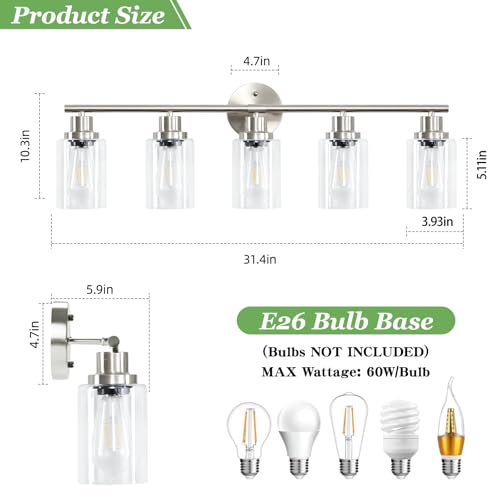Image of 5-Light Bathroom Vanity Lights, E26 Modern Brushed Nickel Bathroom Light Fixtures with Clear Glass Shade, Mirror Kitchen Hallway Cabinet Living Room Sconces Wall Lights