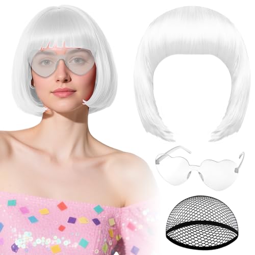 plulon white bob wig with heart sunglasses and hair cap colorful short bob wigs synthetic party wigs funny cosplay hairpieces for women men daily bachelorette halloween costume party decorations