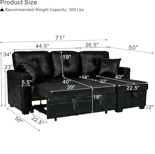 Image of KEIKI 71 inch Sectional Sleeper Sofa with Pull Out Bed, L Shaped Sleeper Sofa with Reversible Chaise, 3 Seater Modular Sectional Sofa with Storage for Living Room, Classic Black
