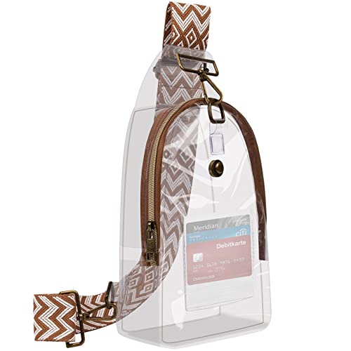 Women Transparent PVC Bag Stadium Approved, SYOSI, Small Crossbody Chest Backpack Guitar Strap Mini Casual Daily Bag for Concert or sport events (Brown)