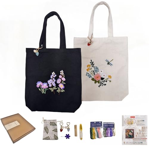 Image of Speedura Embroidery Kit for Beginners - Dual Canvas Tote Bags with Floral Cross Stitch Patterns | Complete Needlepoint Set Includes Hoops, Threads & Step-by-Step Video Tutorial (Beige & Black Set)