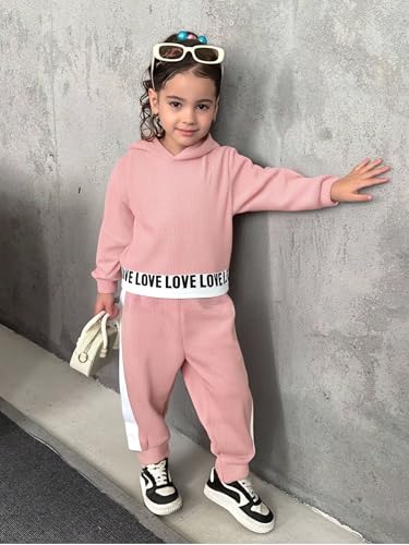 Image of Toddler Kid Girls Clothes Ribbed Color Block Long Sleeve Hoodie Sweatsuit Set Fall Outfits
