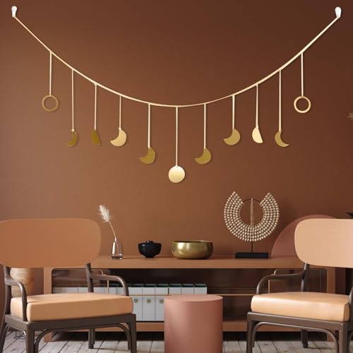Guirnalda de Fases de la Luna Decoración de Pared, Decoración de Pared Bohemia Dorada, Guirnalda de Fases Lunares de Metal Dorado Brillante, para Dormitorio, Sala de Estar, Cama, sofá, 141 cm