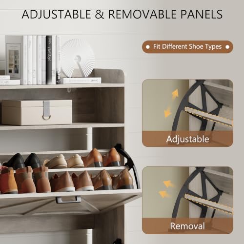 Image of Shoe Cabinet with 2 Flip Drawers, Freestanding Hidden Shoe Storage Organizer for Entryway, Narrow Slim Shoe Rack Cabinet with Open Storage & Hooks for Front Door Entrance, Living Room, Hallway, Grey