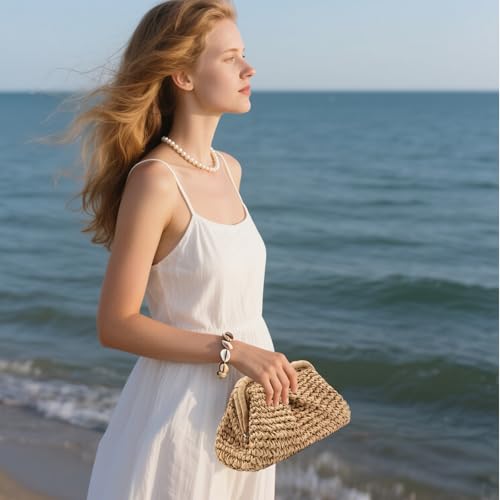 Image of Straw Clutch Purses - Straw Crossbody Bags for Women Woven Purse Beach Handbags Cloud Dumpling Pouch