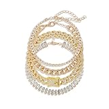 KOSMOS-LI 4PCS Gold Plate Bracelets for Women Rhinestone Cuban Chain Bracelet Layered Link Bracelet Set Fashion Jewelry (N