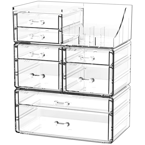 Cq acrylic Clear Make up Organizers for Vanity,Skincare Organizer With 8 Drawers for Dresser,Plastic Cute Desk Accessories Organization and Bathroom Organizers Storage Case Box for Beauty,Skin Care