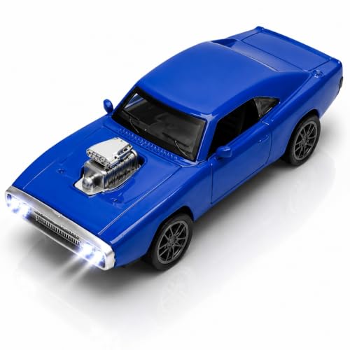 Image of 1970 Dodge Charger Fast & Furious - 1:36 Scale Die-Cast Alloy Toy Car for Kids | Pull-Back Model with Openable Doors, LED Lights & Engine Sounds (Blue)