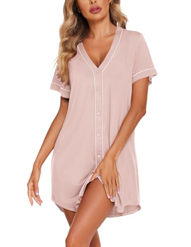 Image of Ekouaer Womens Nightgown Button Down Sleep Shirts Short Sleeve Nightshirt V-Neck Sleepdress Soft Sleepwer