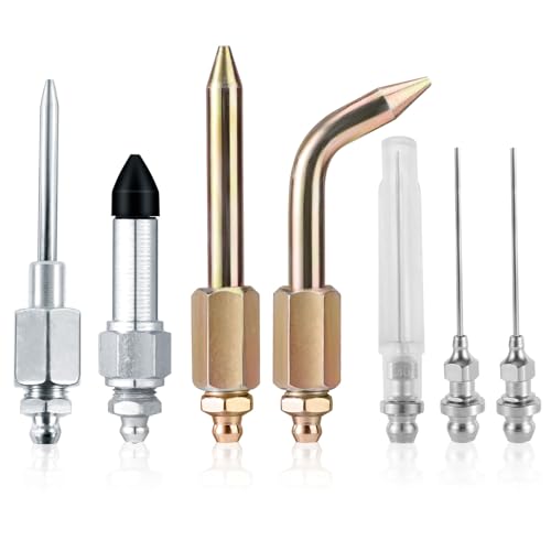 Tinoaly 7pcs Grease Gun Accessory Kit, Include 3 Grease Nozzle, 1 Needle Dispenser, Rubber Joint Fitting, Bent and Straight Nipple for Small Narrow Space Deep Hole