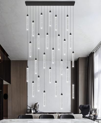 Image of Rectangular Chandeliers 26-Lights Long Light for Entryway LED Dimmable Chandeliers Lighting Fixture Flat Sloped High Ceiling Pendant Lights Crystal for Living Room Foyer Hallway Staircase Black