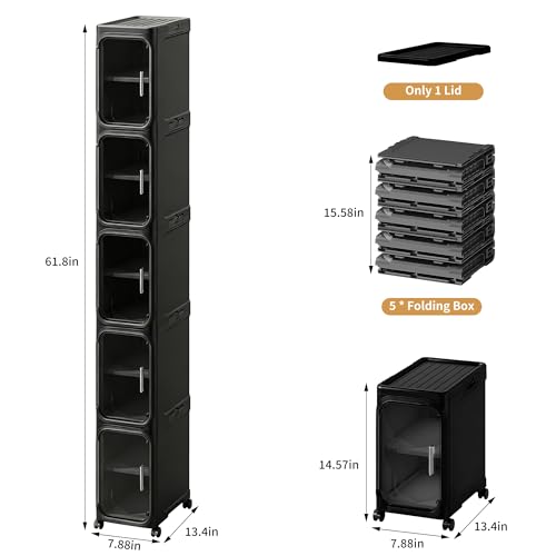 Image of 5-Tier Tall Narrow Slim Bathroom Storage Cabinet, Black | Tool Free Assembly, Adjustable shelves, Fits for Narrow Spaces, Lockable Wheels, Magnetic Clear Door