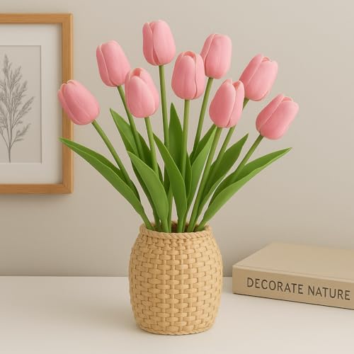Image of Xtore inchSilk Tulip Bunch - Realistic Pink Artificial Flowers for Home Decor (Pack of 10, Pink)