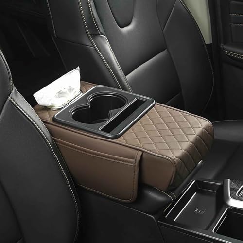 YXIOAHRM Car Armrest Pad for VW Polo 6R Vento 2010-2017, PU Leather 5-in-1 Armrest Storage Box Center Console Cover Armrest Cushion Arm Rest Cushion Pads with Cup Holders and Tissue Box, B/Coffee