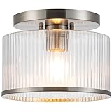 Zlepmlla Glass Ceiling Light, Clear Ribbed Glass Ceiling Light Fixture with Nickel Metal Frame, Modern Semi Flush Mount Ceiling Light for Hallway,Entryway, Bedroom, Bathroom, Kitchen