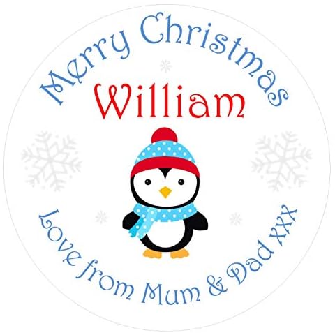 Blue Penguin Boy's Personalised Christmas Stickers - Gift Tags/Labels for Presents/Envelopes/Cards (24 Stickers x 45mm) Cover