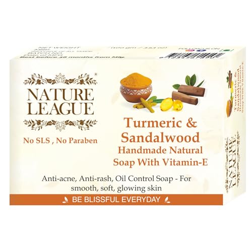 Image of TURMERIC & SANDALWOOD Handmade Soap, SLS & Paraben Free, Natural Skincare Cleanser Bar for Face & Body, Moisturizing, Gentle & Refreshing, Ideal for Everyday Use, Pack of 1 (100 gms)