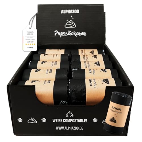 alphazoo Pupssäckchen Kotbeutel 600 Stück - biologisch abbaubare Hundekotbeutel kompostierbar - Gassibeutel reißfest auslaufsicher geruchsdicht - umweltfreundlich - 30 Beutel pro Rolle