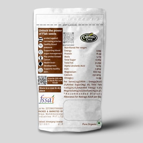 Image of Cultivate Crest Organic Flax Seeds 500g | 100% Natural & Raw High Protein Ground Flaxseeds | Rich in Omega 3, Asli Seeds | High Fiber Superfood for Daily Nutrition | Vegan, Keto Friendly