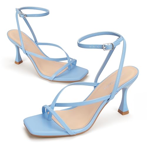 Image of Women's Strappy High Heels Sandals Square Open Toe Ankle Strap Slingback Thong Stilettos Shoes for Wedding