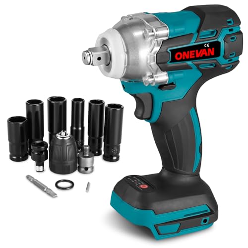 ONEVAN pistola de impacto bateria, 300NM 1/2' llave de impacto a bateria para makita 18v, sin escobillas, 6 vasos de impacto,...