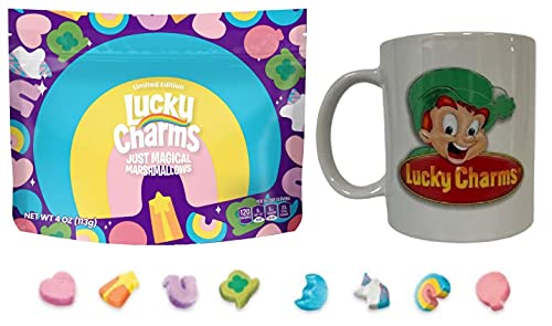 Lucky Charms (Marshmallows Only) Cereal and Mug Bundle with 2021 Limited Edition "Just Magical Marshmallows" and Vintage Style Lucky the Leprechaun Coffee / Hot Cocoa Cup