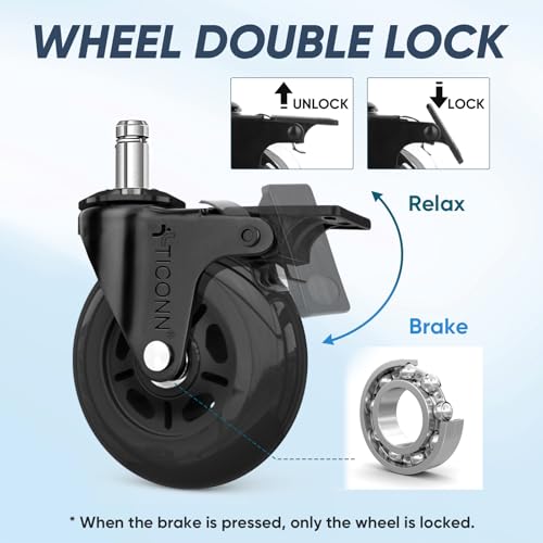 Image of TICONN Office Chair Caster Wheels Set of 5 for Tile, Hardwood Floors and Carpets, Universal Fit for Most Chairs (Black with Brake)