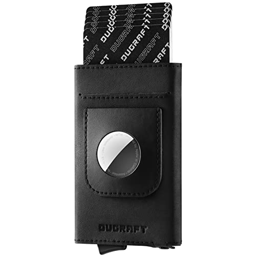 DUGRAFT Cartera emergente con Soporte AirTag, Cartera Inteligente Delgada y Minimalista para Hombres, Bolsillo Frontal con Bloqueo RFID, Tarjetero de Metal con Caja de Regalo (AirTag no Incluido)