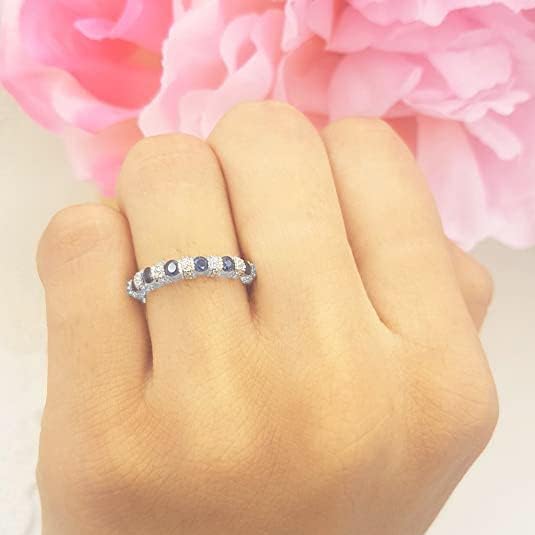 Dazzlingrock Collection 14K Real Solid Gold Round Blue Sapphire And White Natural Diamond Bridal Stackable Wedding Band Anniversary Ring - Image 2