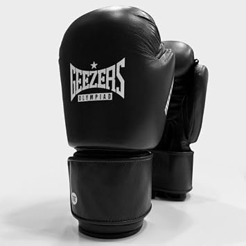 Geezers Olympiad Sparring Boxing Gloves Cowhide Leather, Adjustable Hook & Loop Closure, Ventilation Holes for Comfort Black, 12oz