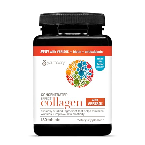 Youtheory Concentrated Effect Collagen with Verisol - Collagen Peptides with Vitamins C & B - Supports Hair Nails Bones & Joints* - 180 Tablets (60-Day Supply)