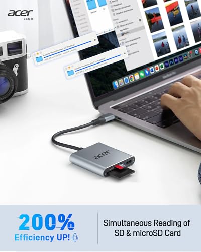 Acer SD 4.0 Card Reader, UHS-II Micro SD Reader USB C, Dual Slot Type C Memory Card Adapter with 100W PD Port for MicroSD SDXC SDHC UHS-II & UHS-I for iPhone 15/16, Laptop, MacBook(Grey)