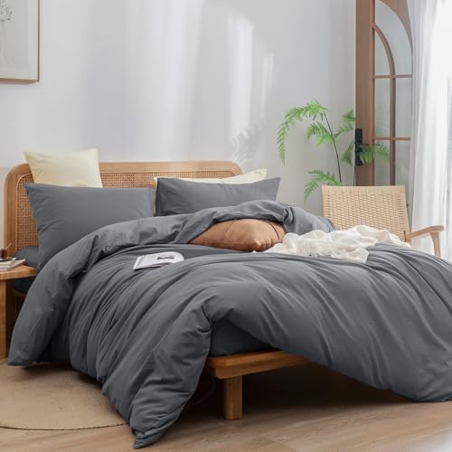Image of BESTOUCH Cotton Solid Duvet Cover Set Quiet Shade Grey Oversized King | 100% Washed Cotton, Soft Wrinkle Texture, Hidden Zipper, 8 Ties, Breathable Lightweight Durable Comfy, 3 Pcs No Insert