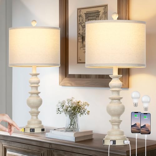 Lolikit 27.5" Beige Farmhouse Table Lamps for Living Room, Rustic Bedside Lamps with USB C+A Ports & AC Outlet, Vintage Bedroom Lamp Set of 2, Tradition Night Stands Lamp for Side End Table Desk